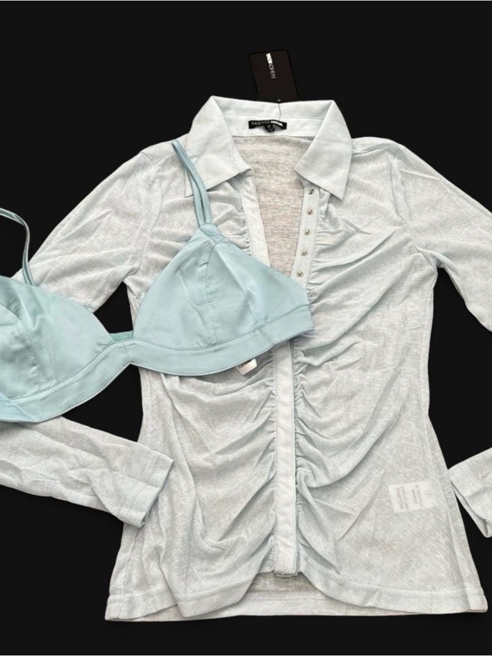 Light Blue Ruched Button-Front Top with Light Blue Bralette